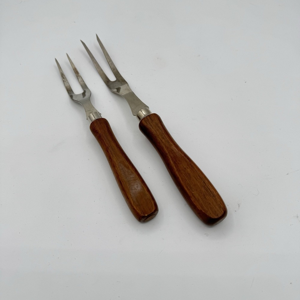Vintage Meat Carving Forks Stainless Steel Wood Handles Set of 2 MCM